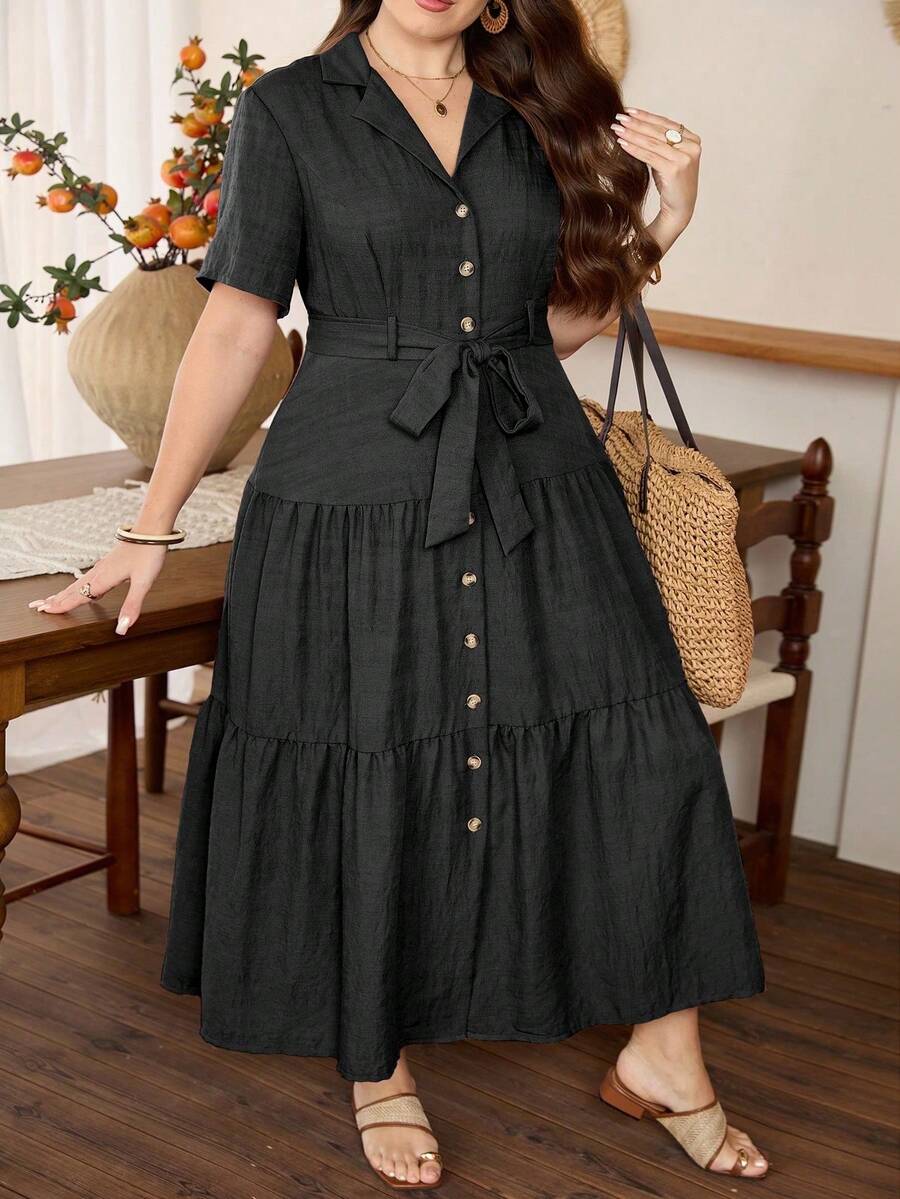 Lacomfia Elegant Waist-Defining Short Sleeve Split A-Line Plus Size Dress, Suitable For All Occasions In Spring And Summer - Black - View 1