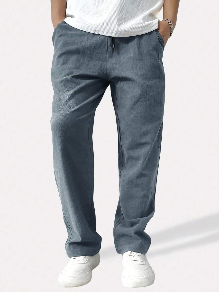Manfinity Homme Pantalones rectos holgados para hombre con cintura de cordón y unicolor - Azul - Ver 1