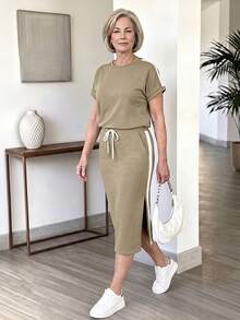EMERY ROSE Middle-Aged And Elderly Women's Striped Contrast Color Round Neck T-Shirt And Side Slit Lace-Up Skirt Set Casual Summer Outfit For Women - Khaki - View 1