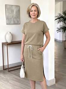EMERY ROSE Middle-Aged And Elderly Women's Striped Contrast Color Round Neck T-Shirt And Side Slit Lace-Up Skirt Set Casual Summer Outfit For Women - Khaki - View 8