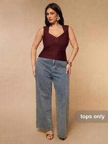SHEIN BAE CURVE Plus Size Women's Burgundy Bandage Top, Summer Outfits, Independence Day, 4th Of July, Elegant, Bandage Top - Burgundy - View 6