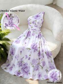 Elegante vestido de verano de estilo urbano chic para mujer, vestido de gasa maxi con estampado de peonía de dobladillo asimétrico en rosa, adecuado para uso diario, boda, evento formal, viaje al trabajo, de graduación, vacaciones, cita, Pascua,, Halloween, Navidad, Año Nuevo, Acción de Gracias, boda - Morado - Ver 3