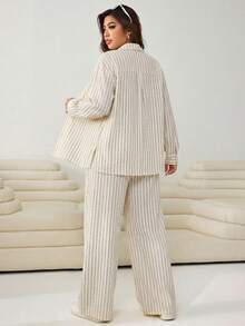Solflare Plus Size Women's Striped Pattern Long Sleeve Button-Up Shirt And Pants 2-Piece Set Fall - Multicolor - View 2