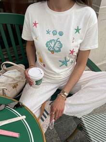 Aidyla 女士杏色针织数码印花褶皱腰短袖休闲办公T恤，春夏款 - 杏色 - 查看 5