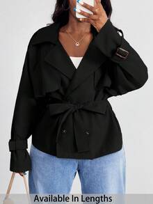 SHEIN PETITE CURVE Casaco trench elegante para mulher plus size, com botões, cinto e fivela metálica - Preto - Ver 1