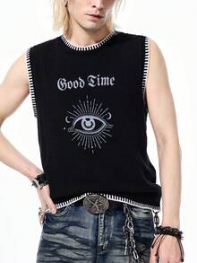 ROMWE MEN Men's Round Neck Letter & Eye Print Casual Versatile Daily Wear Knit Top - Black - View 5