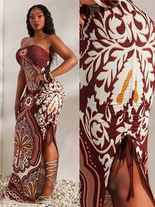 Radiana Plus Size Women Spring/Summer Vacation Plant Print Side Drawstring Slit Hem Strapless Dress - Multicolor - View 1