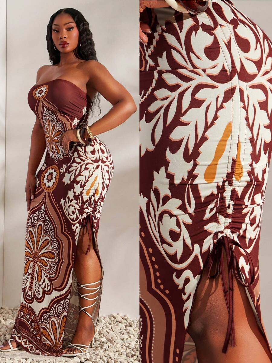Radiana Plus Size Women Spring/Summer Vacation Plant Print Side Drawstring Slit Hem Strapless Dress - Multicolor - View 1