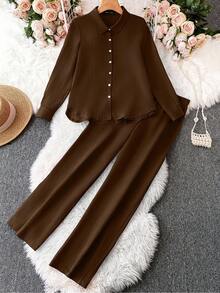 GlowEve 2 piezas Conjunto de camisa y pantalones de unicolor casual, otoño - Marrón Chocolate - Ver 1