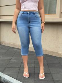 SHEIN Unity Celana Jeans Denim Kasual Musim Panas Slim Fit Wanita Ukuran Plus dengan Kantong Miring - Light Wash - View 3