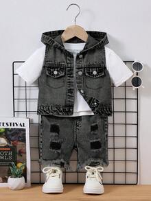 SHEIN Bubblio Baby Boy Blue Denim Sleeveless Hooded Vest & Loose Distressed Shorts 2pcs Set - Black - View 3