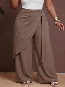 Veslaya Pantalones largos de pierna recta y pierna ancha con dobladillo asimétrico y patchwork para mujer talla grande primavera/verano - Verde militar - Ver 7
