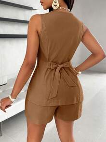 SOLERSUN Solid Button Front Vest Blazer & Shorts - Brown - View 2