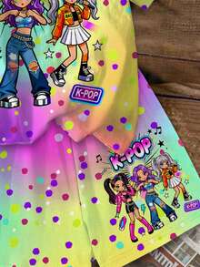Tween Girl Cartoon Girl K-Pop Superstars , Cartoon Girl Group Print Pattern Colorful Gradient Short Sleeve T-Shirt And Shorts 2-Piece Set Suitable For Summer - Multicolor - View 6