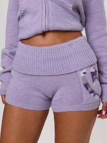MUSERA Purple Camo Printed Knitted Fold Over Mini Short - Mauve Purple - View 2