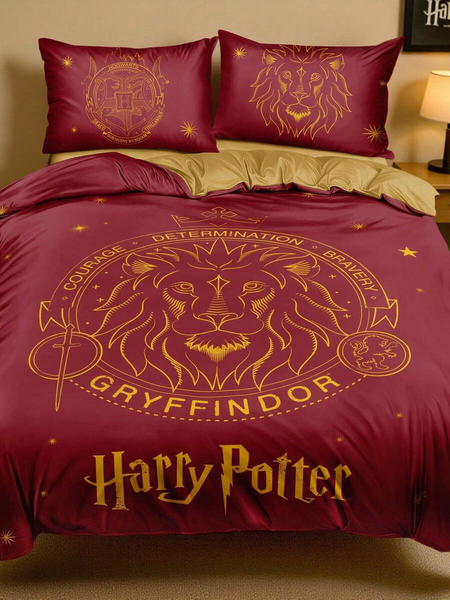 HARRY POTTER X SHEIN 三件套可爱卡通印花被套,光滑面料,柔软保暖,红色被套,多种尺寸可选,适用于单人床/双人床/大号床/特大号床 - 紅色 - 查看 1