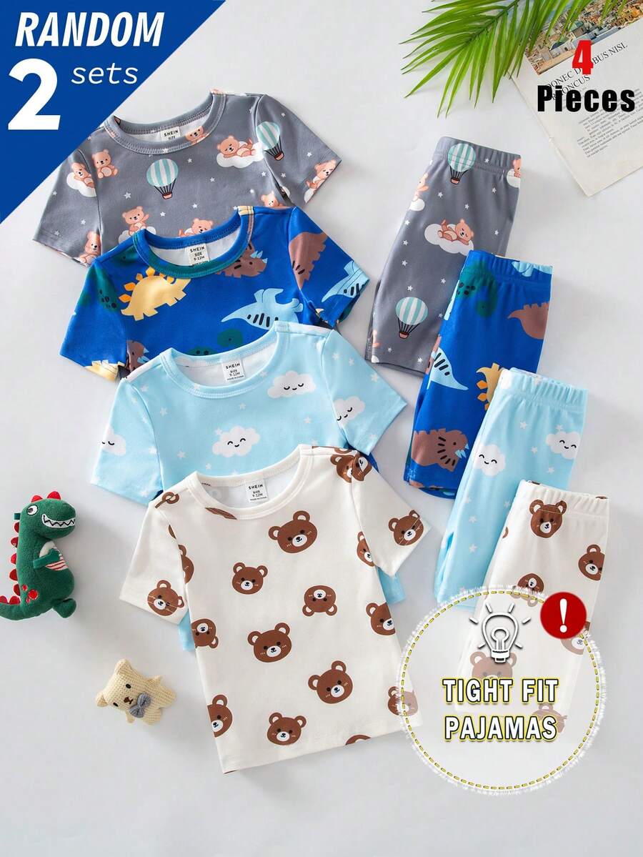 [4 Set, Dikirim 2 Set Secara Acak] Baju Tidur Bayi Laki-laki Musim Panas Rajut Leher Bulat Lengan Pendek Motif Kartun Beruang Awan Dinosaurus Terlaris Disukai Anak-anak Cetak Digital Motif Lucu 4 Potong Set Kombinasi Set Multi-Potong Piyama Pakaian Santai Ketat - MultiWarna - View 1