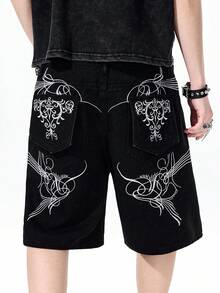 ROMWE MEN Men's Denim Embroidered Shorts, Suitable For Spring And Summer Everyday Wear - Black - View 4