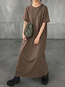 FRIFUL Women Brown Long Embroidered Graphic Print Summer Dress Sundress - Brown - View 10
