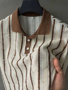 Manfinity CasualCool 男士夏季復古針織鏤空條紋休閒寬鬆 Polo 衫，儀式場合適用 - 咖啡棕 - 查看 5
