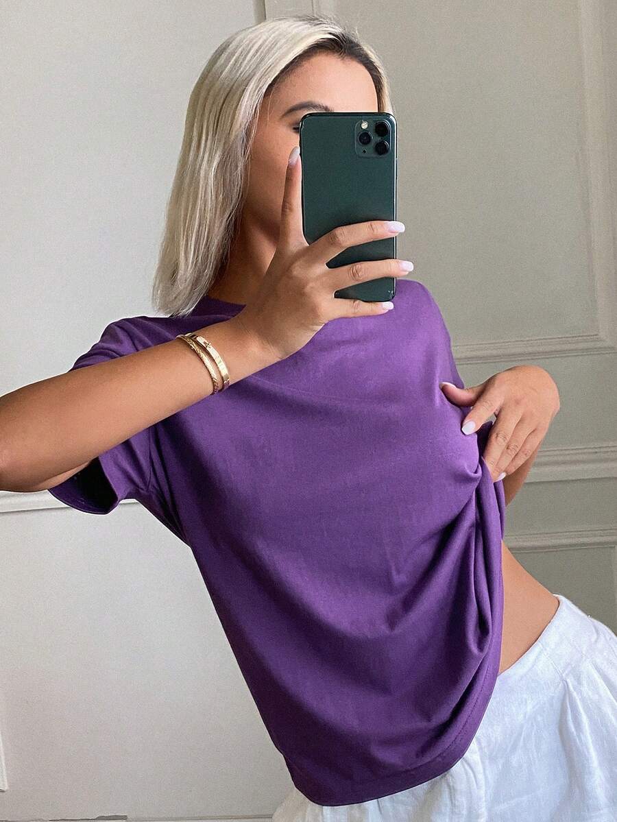 DAZY 女款素色休閒簡約圓領短袖T恤 - 紫色 - 查看 1