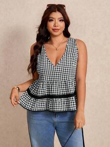 Elaquor Plus Size Women's Sweet Plaid V-Neck Lace Patchwork Airport Holiday Vacation Ruffle Hem Top Casual 1920s 90s Cute Summer Daily Wear Oktoberfest - Apricot - View 5
