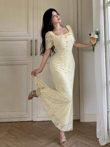 Modelyn Pale Yellow Square Neck Rhinestone Embellished Elegant Lace Waist-Cinching Women's Dress - Butter Yellow - View 5