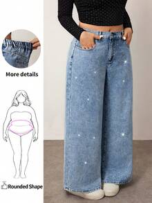 Enliva Jeans casuales de pierna ancha y sueltos con bolsillos de strass para mujer talla grande, para Body con forma de manzana y redondeado, para otoño - Azul lavado oscuro - Ver 1