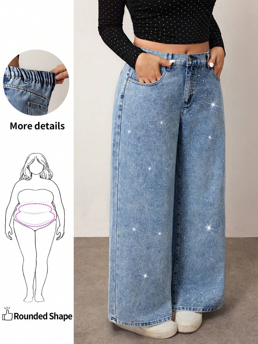 Enliva Jeans casuales de pierna ancha y sueltos con bolsillos de strass para mujer talla grande, para Body con forma de manzana y redondeado, para otoño - Azul lavado oscuro - Ver 1