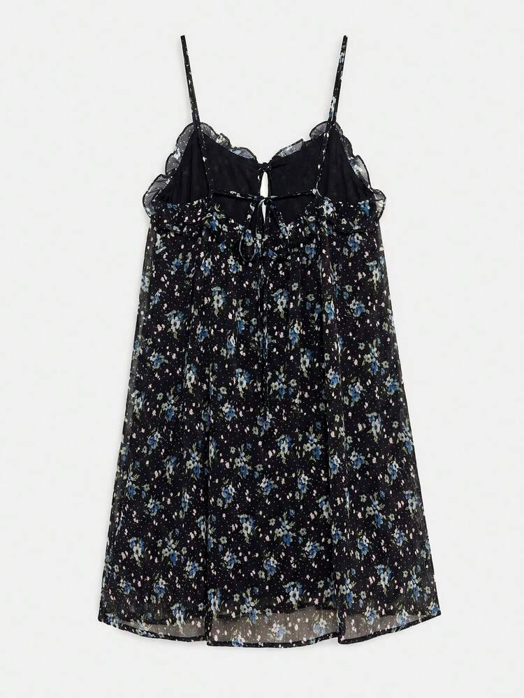 Flowy Bohemian Black Floral Chiffon Mini Dress Cute Summer Holiday Casual French Style Dress