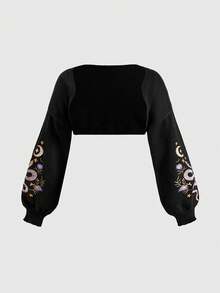 ROMWE Forest Gothic Plant Snake Embroidery Plus Size Cropped Vest Thin Cardigan - Black - View 1