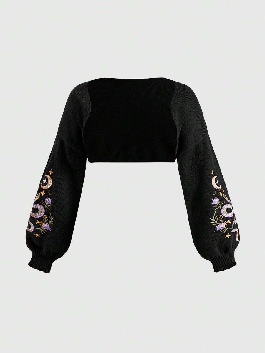 ROMWE Forest Gothic Plant Snake Embroidery Plus Size Cropped Vest Thin Cardigan - Black - View 1