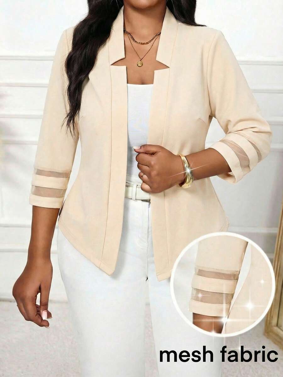 SHEIN Lady Blazer Wanita Ukuran Besar Modis, Elegan, Kasual, dengan Motif Jala dan Patchwork untuk Musim Gugur/Dingin - Aprikot - View 1
