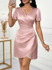 SHEIN Lady Women's Summer Minimalist Elegant Overlap Collar Waist-Defining Short Sleeve Short Dress - Pink - View 7