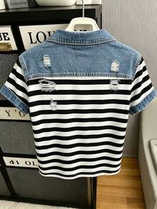 Resyla Women's Striped Colorblock Distressed Design Zipper Casual Versatile Daily Outing Top - Black - View 2