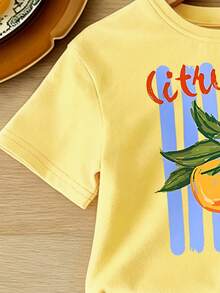 SummerOutfit 春夏秋女童創意個性化手繪藍條紋水果綠葉花朵字母標語印花休閒度假風基本款短T恤與單車短褲套裝 - 彩色 - 查看 5