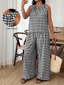 Weeklong Spring Summer New Arrival Plus Size Women's Black & White Gingham Textured Round Neck Drawstring Sleeveless Top + High-Waist Wide Leg Pants Sets, For Daily & Travel Wear - Multicolor - View 3