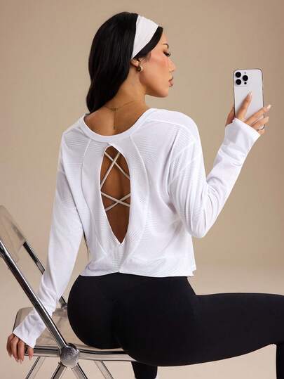 Dewbera Dewbera Women's Open Back Mesh Workout Top, Long Sleeve Thumb Hole Yoga Shirt, Loose Fit Sports T-Shirt For Gym & Running