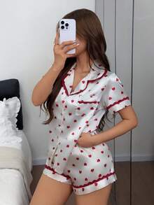 Dream Adore Heart Print Lace Trim Open Front Collar Faux Silk Short Sleeve Shorts Women's Pajama Set - White - View 3