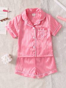 SHEIN 2pcs/Set Baby Girl Pajamas With Exquisite Embroidered Pattern, Matching Satin Trim - Pink - View 3