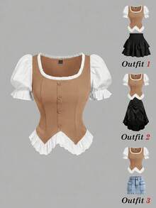 SHEIN MOD 大尺碼女款拼色蕾絲不對稱下擺泡泡袖襯衫 - 駝色 - 查看 5