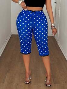 Maweii Plus Size Women's Polka Dot Print Elastic Waist Lace Patchwork Slim Fit 3/4 Length Leggings - Royal Blue - View 3