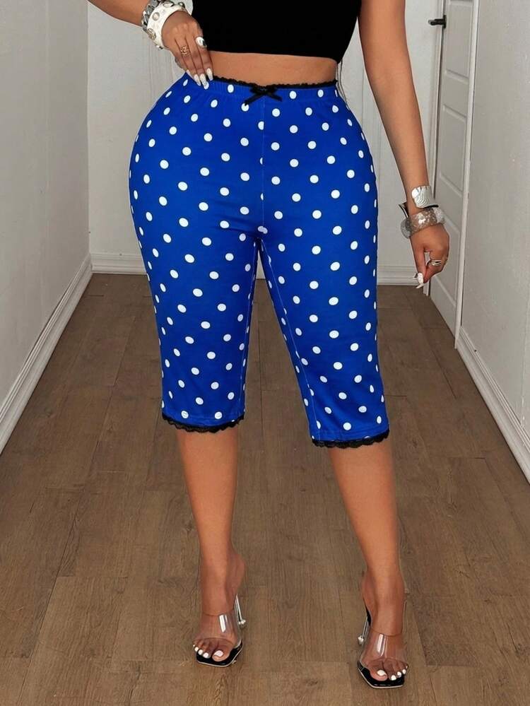 Maweii Plus Size Women's Polka Dot Print Elastic Waist Lace Patchwork Slim Fit 3/4 Length Leggings - Royal Blue - View 3
