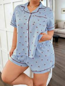 Napfluff CURVE Napfluff CURVE Pink Plaid Cherry Print Lapel Front Opening Short Sleeve Plus Size Pajama Set - Baby Blue - View 5