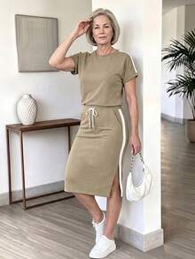 EMERY ROSE Middle-Aged And Elderly Women's Striped Contrast Color Round Neck T-Shirt And Side Slit Lace-Up Skirt Set Casual Summer Outfit For Women - Khaki - View 4