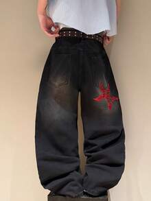STEELVANCE Men's Printed Pattern Loose Straight Leg Denim Pants - Black - View 2