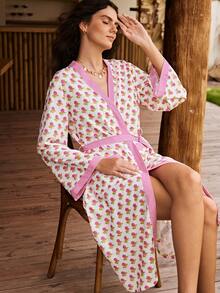 SHEIN 波希米亞風休閒度假女款浪漫花卉拼色條紋長款睡袍 - 彩色 - 查看 6