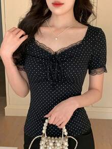 FRIFUL 女款對比蕾絲波點印花前綁帶短袖休閒T恤 夏季 - 黑色 - 查看 8