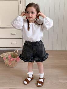 Hapijoa Wood Frill Trim Design Washed Distressed Short Denim Shorts For Young Girls Summer - Dark Grey - View 6
