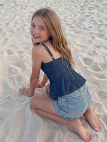DAZY Tween Girl Summer Casual Washed Denim Camisole Top - Navy Blue - View 4
